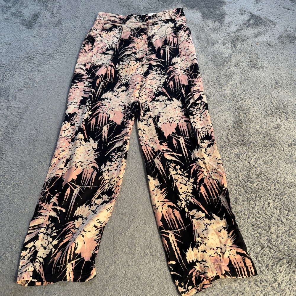 Kaos Womens IT 42 Floral Wide Leg Trousers Black Pink Viscose Made in Italy